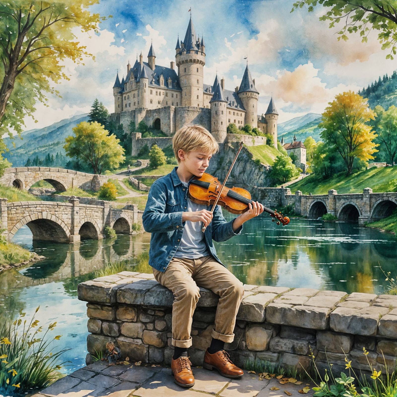 Boy Plays Violin by Castle in Watercolor Style