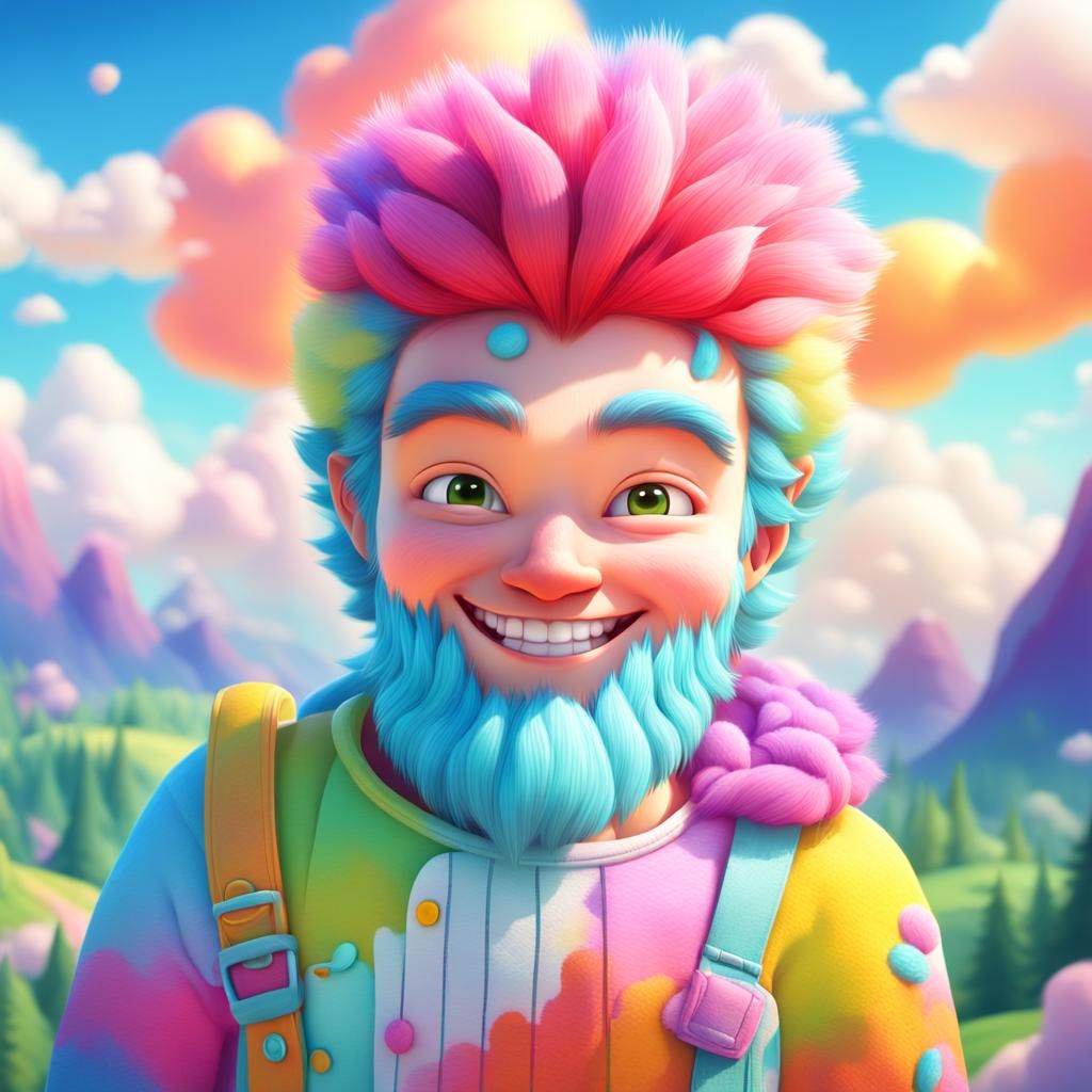 Smiling Cartoon Character in Whimsical Landscape