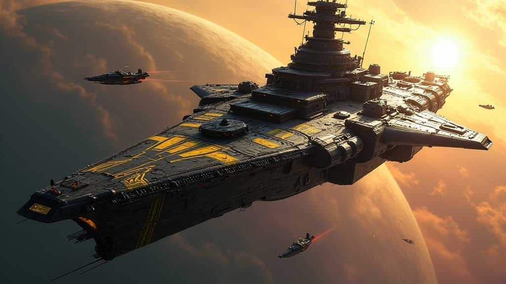 Cyberpunk Battleship in Orbit, Christopher Foss-Style