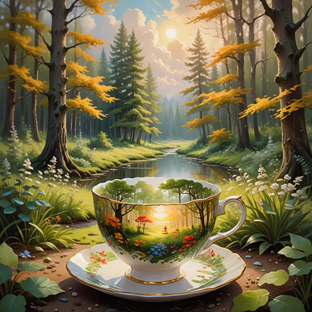 Whimsical Forest Teacup in Dreamy Oil Painting