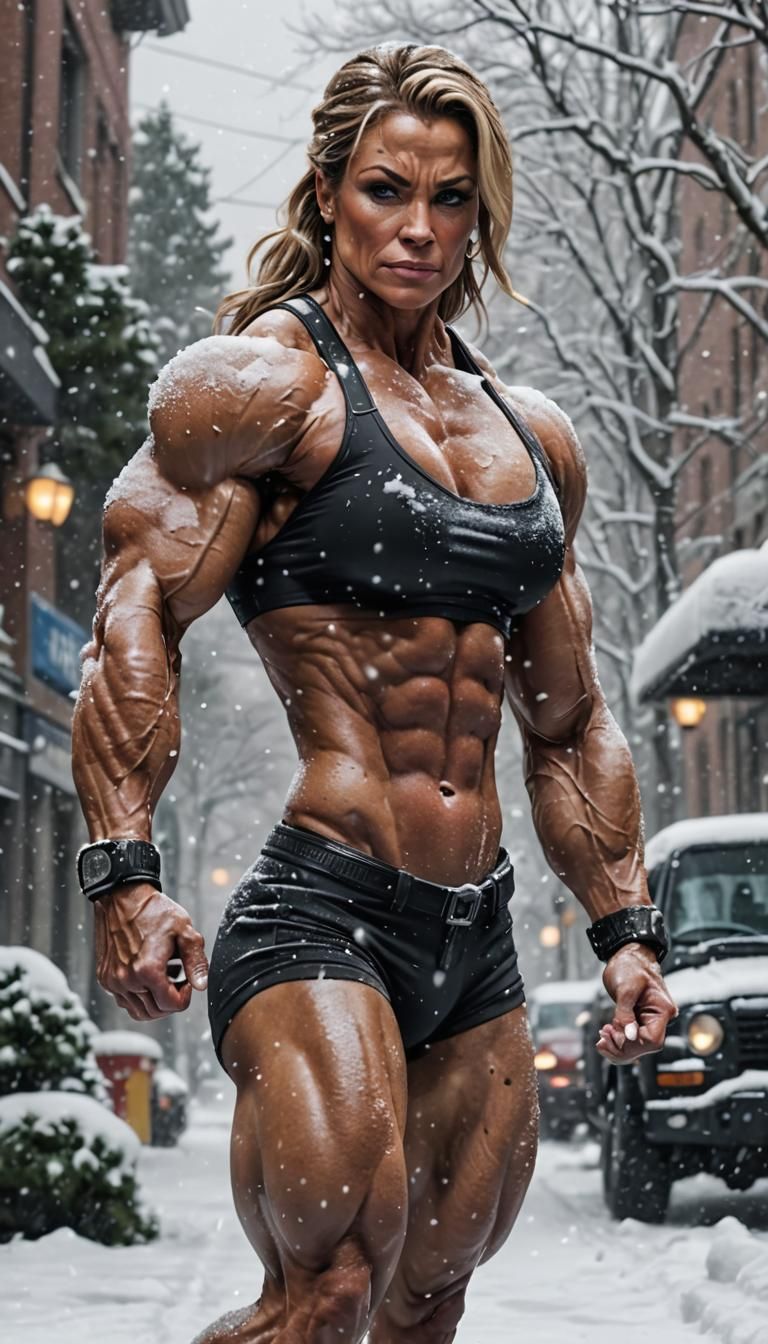 Female Bodybuilder Flexing in the Snow, Ultra Realistic