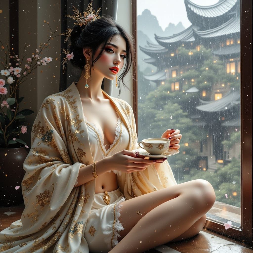 Chinese Woman Sipping Tea in Watercolor Monsoon Scene