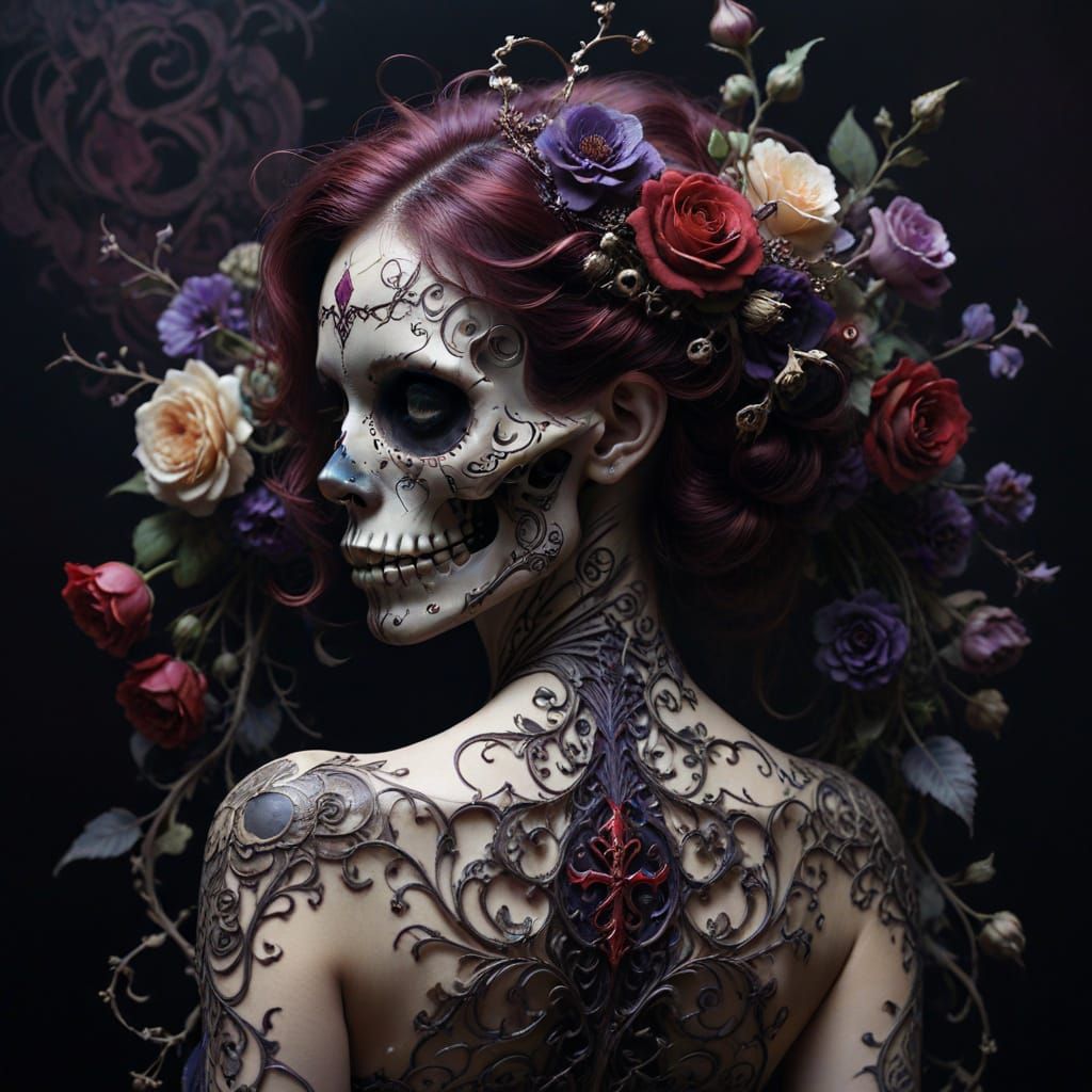 Dark Fantasy Goddess with Skull Tattoo