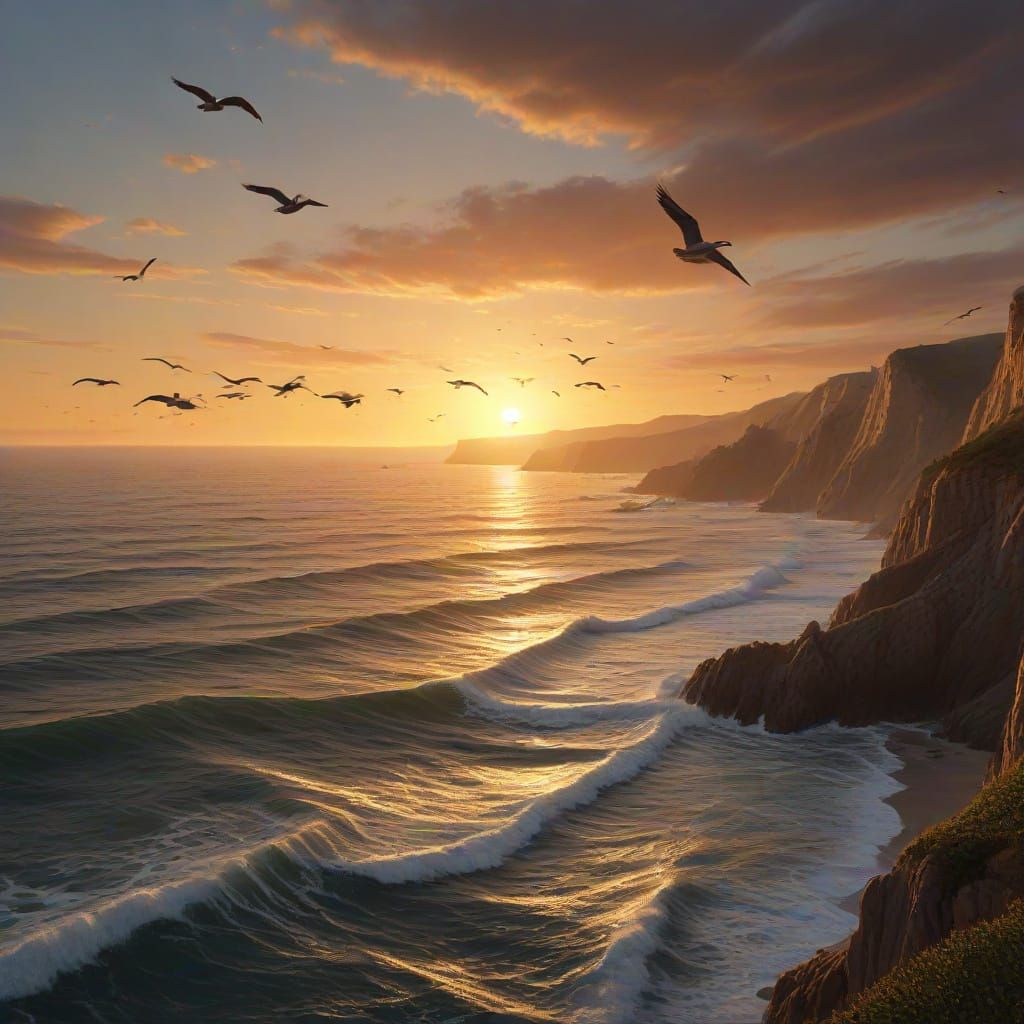 Brown Pelicans Fly Over Rippling Ocean at Sunset