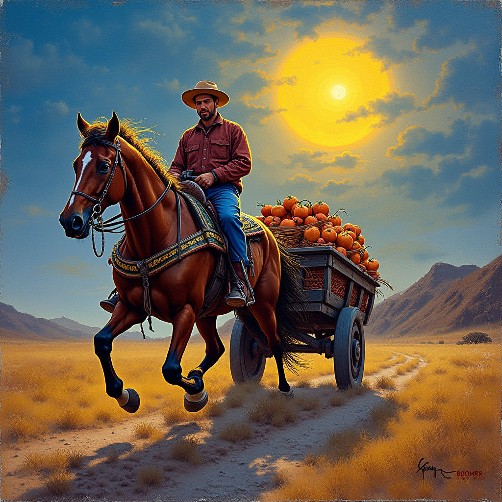 Horse-Drawn Cart in Atmospheric Moonlit Scene