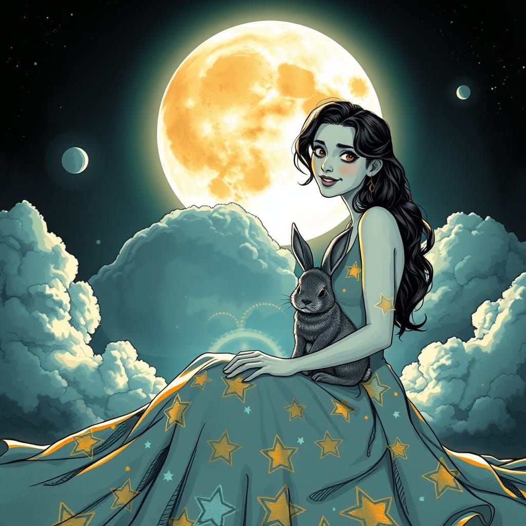 Woman Enchants with Rabbit under Full Moon in Black and Whit...