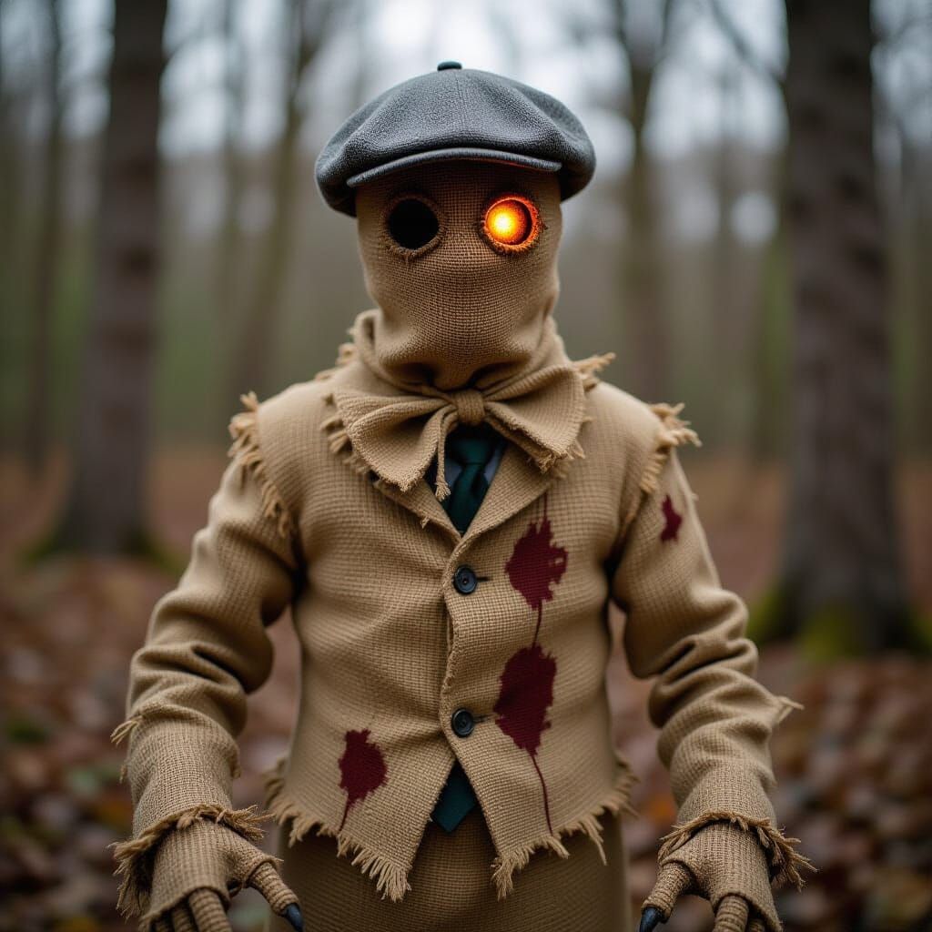 Creepy Burlap Creature with Crimson Eye in Forest