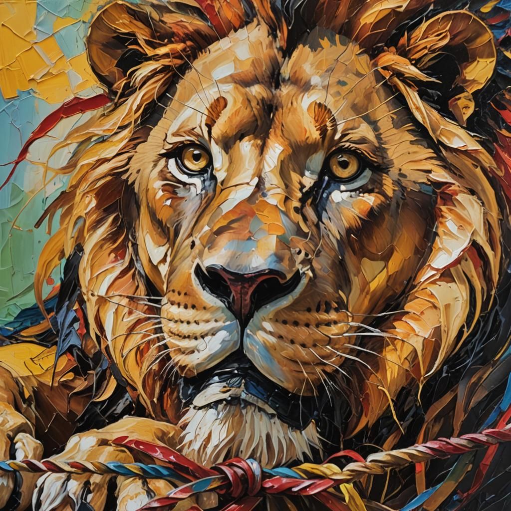 Lion Freed by Mouse: Neo-Expressionist Oil Painting