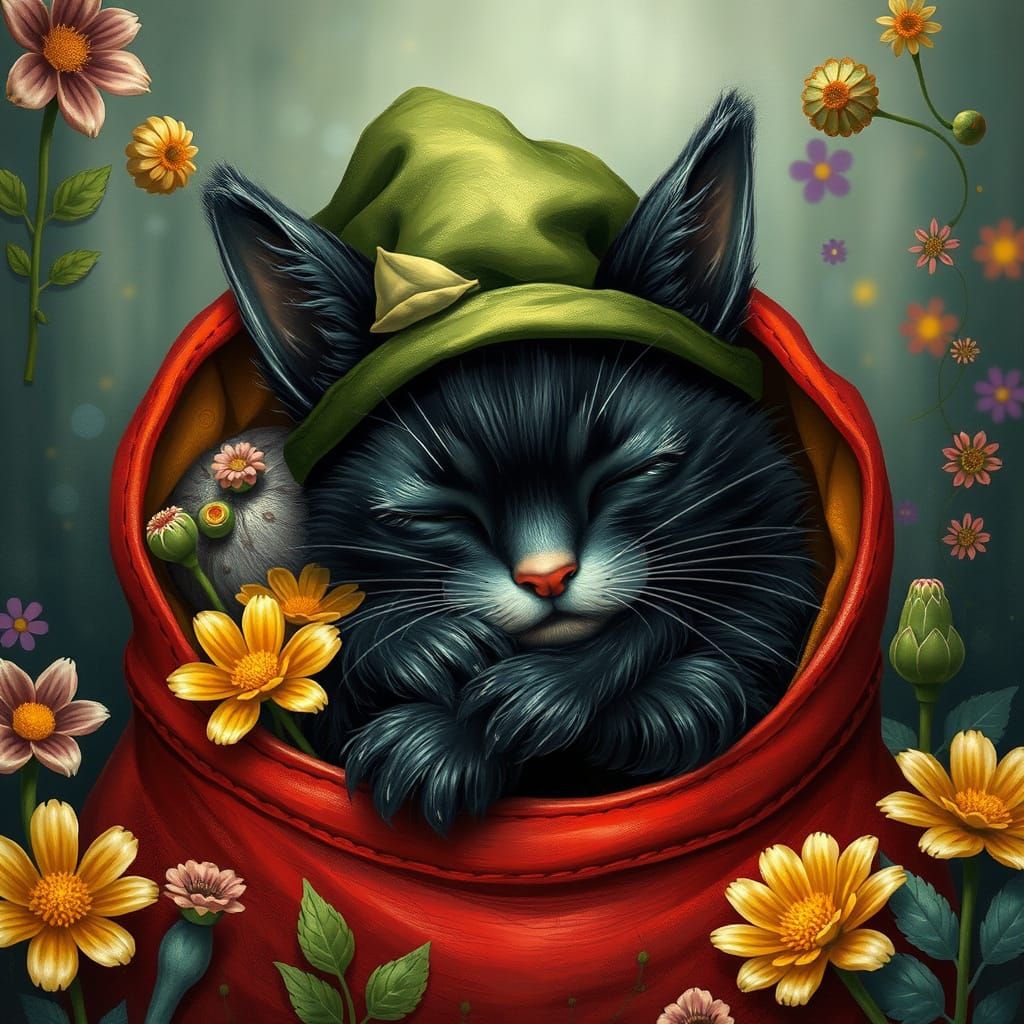 Black Kitten Nap in Boot: Naive Art Illustration