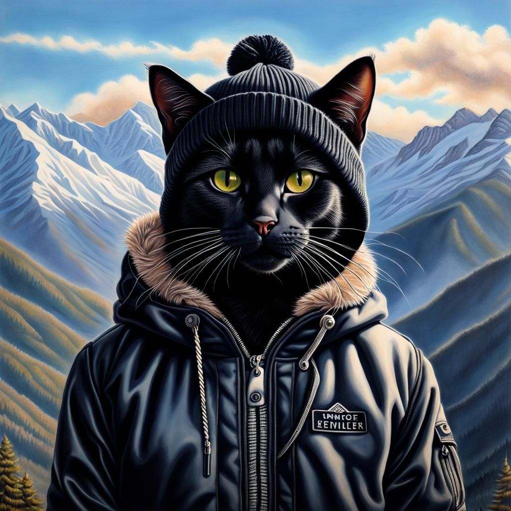 Cat in Beanie Hat Hiking in Mountains