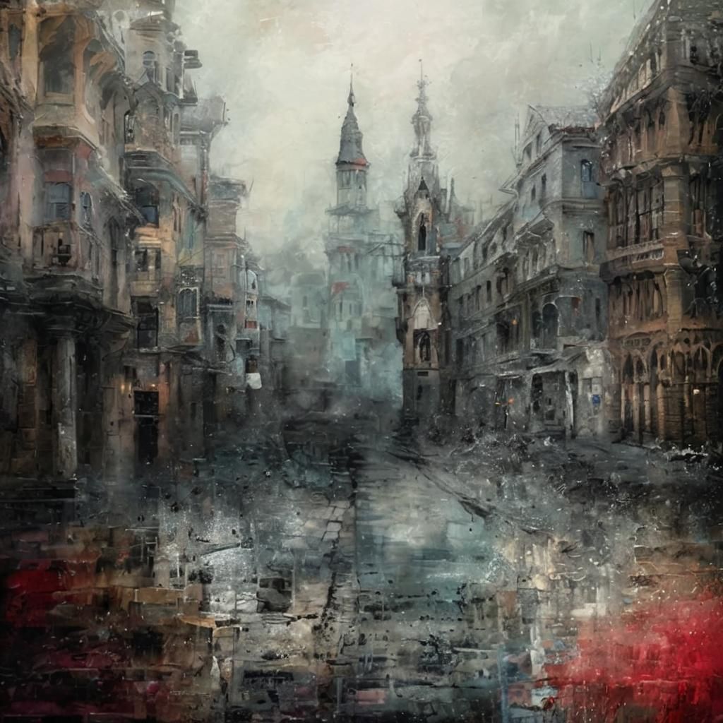 Radiant Gothic Town in Oil Paint on Water