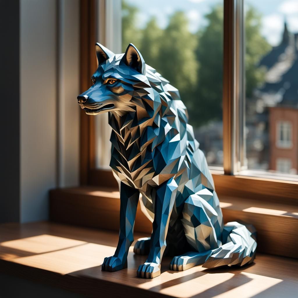 Photorealistic Wooden Wolf Figurine in Sunlight