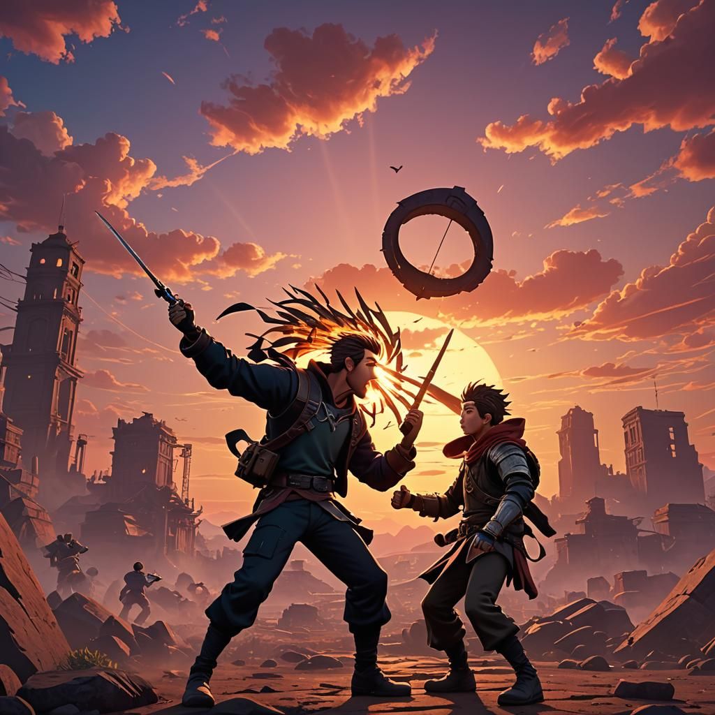 Epic Sunset Battle in Anime Style