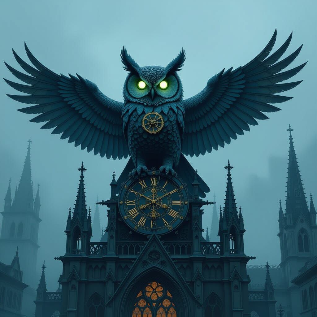 Clockwork Owl Perched Atop Gothic Cathedral in Digital Art
