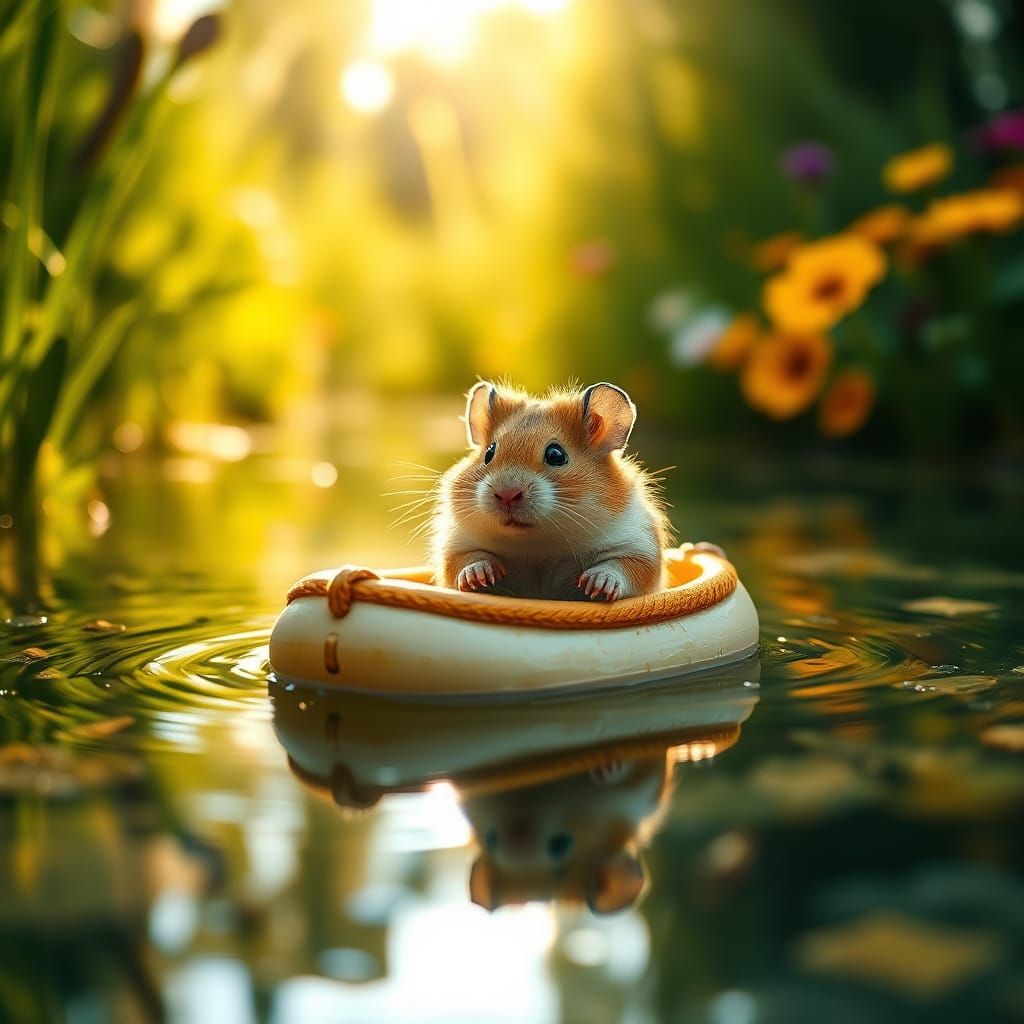 Hamster's Tiny Raft Adventure in Golden Light