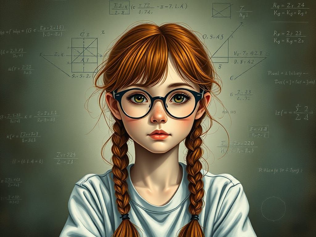 Focused Girl Amidst Equations in Digital Art Style