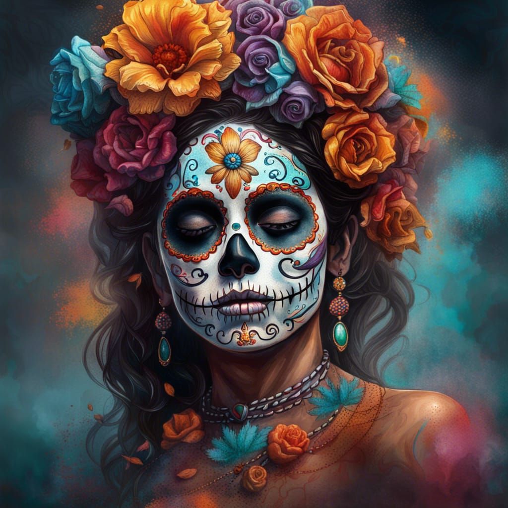 Hyperrealistic Dia de los Muertos Figure in Colorful Smoke