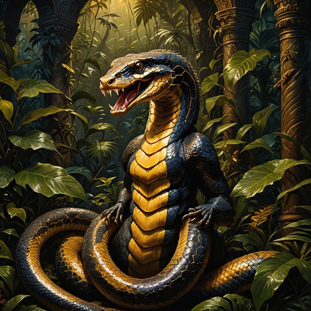 Majestic Cobra in Jungle Temple, Renaissance Oil Painting