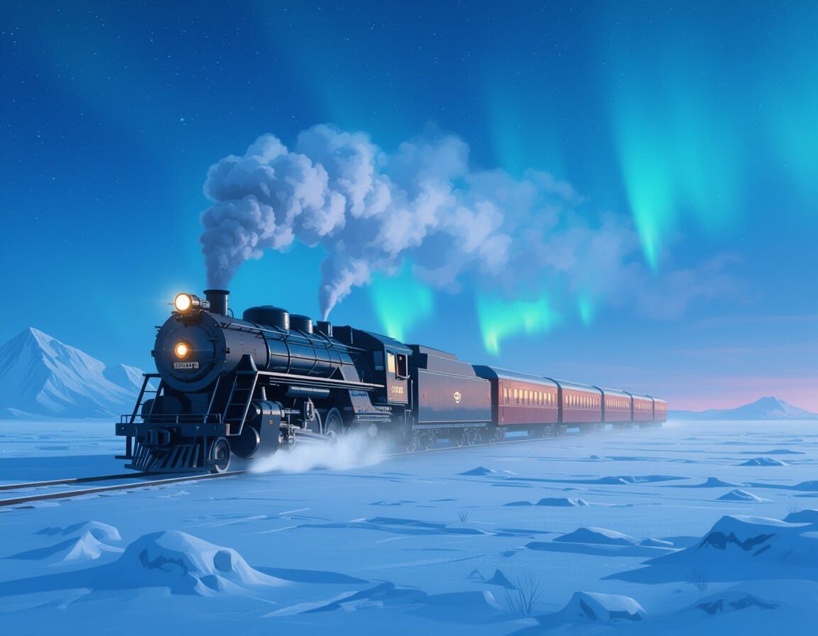 Retro-Futuristic Train in Aurora Borealis