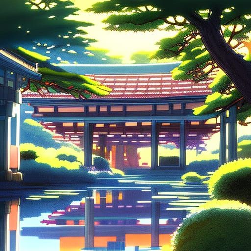 Japanese Garden in Ghibli Anime Style