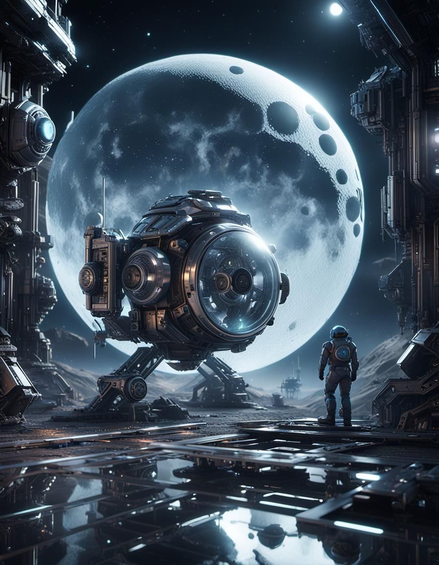 Futuristic Mechs Through a Transparent Moon in Sci-Fi Style