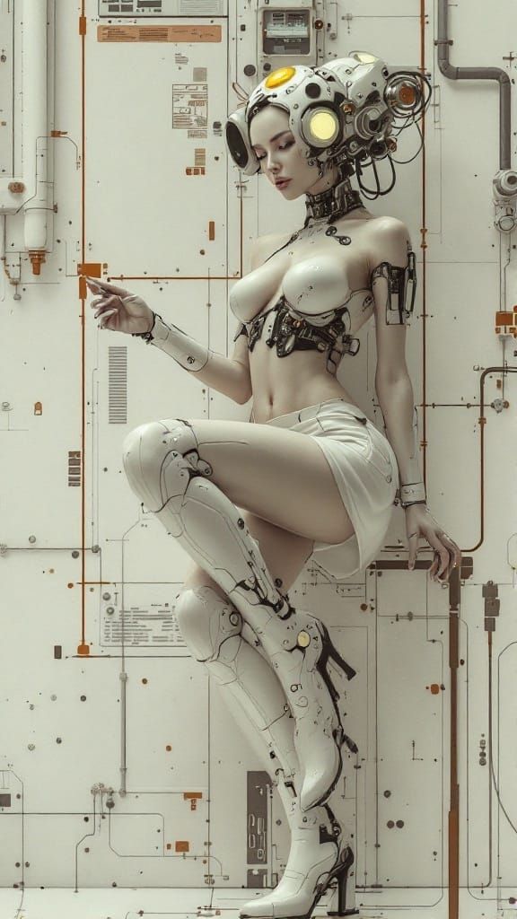 Cyborg Pin-Up Girl in Futuristic Chrome and Leather