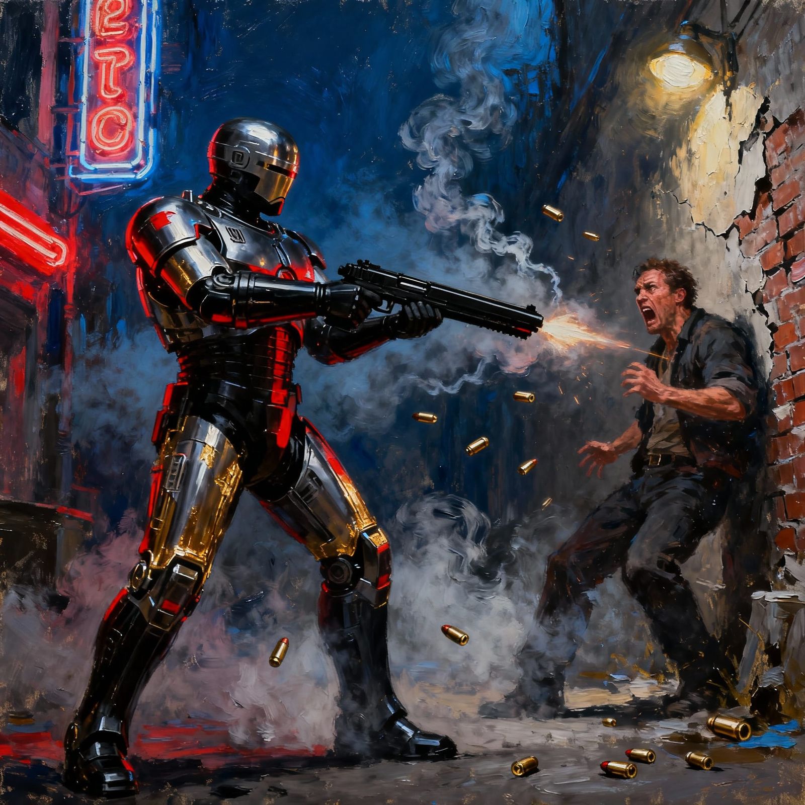 Robocop Aims Handgun at Goon in Epic Oil Painting