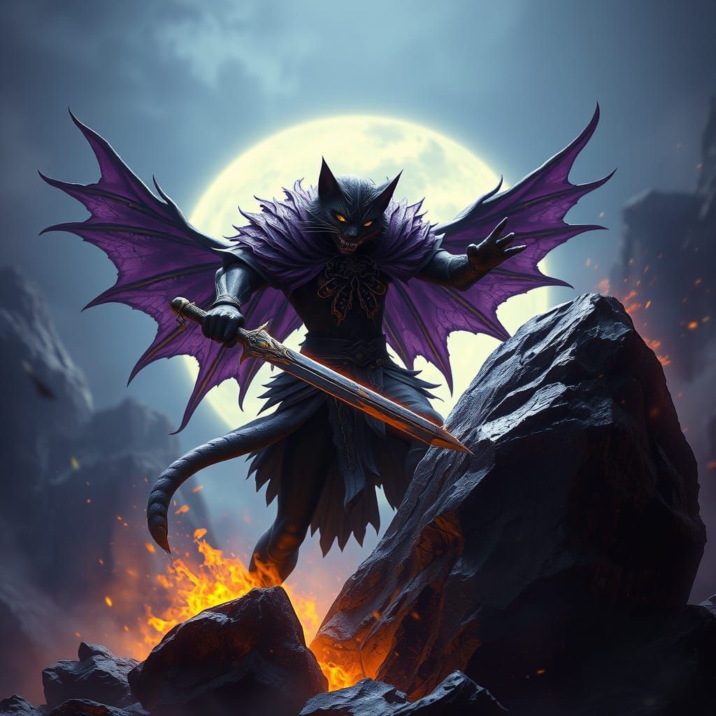 Fantasy Shadow Cat Slices Rock: Art Nouveau Style