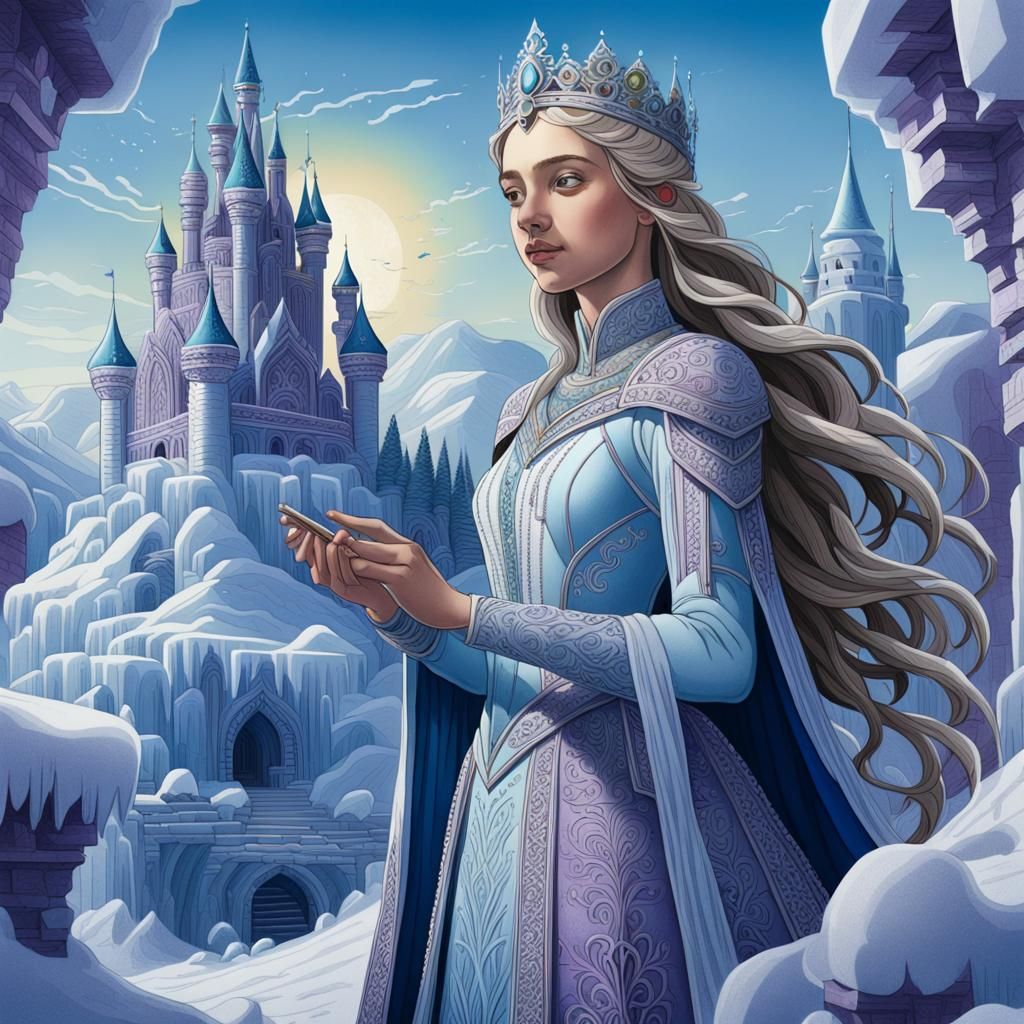 Snow Queen in Ice Castle, Detailed Illustration
