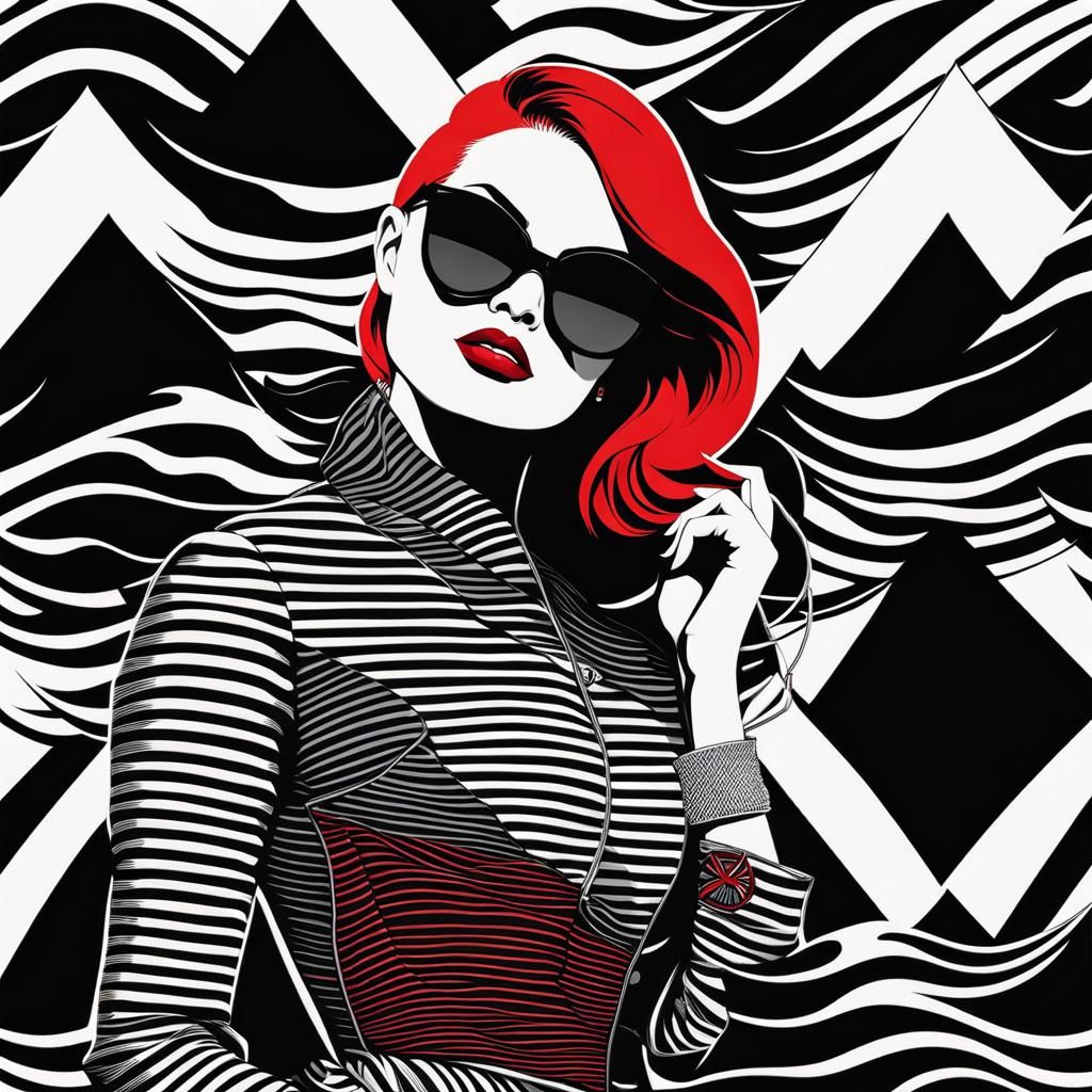 Mermaid in Striped Dress: Minimalist Charcoal Drawing