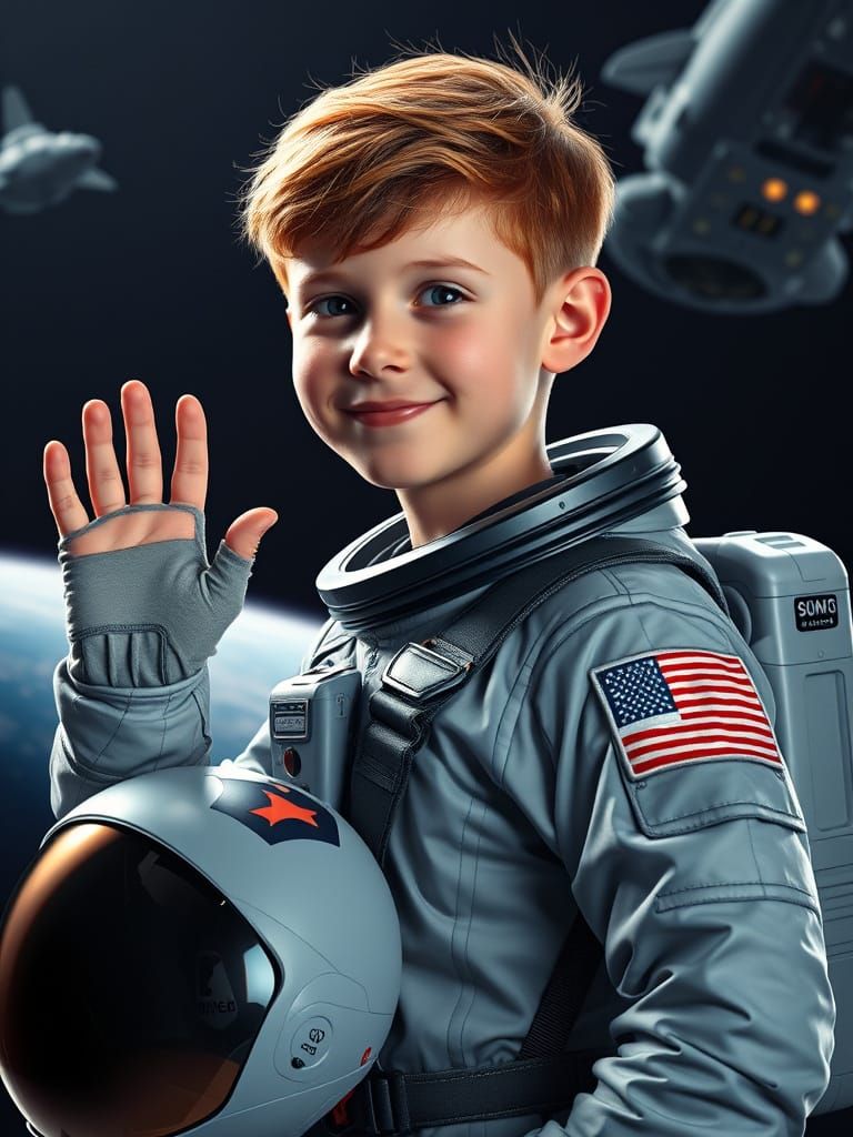 Young American Boy Waves Goodbye in Futuristic Space Suit