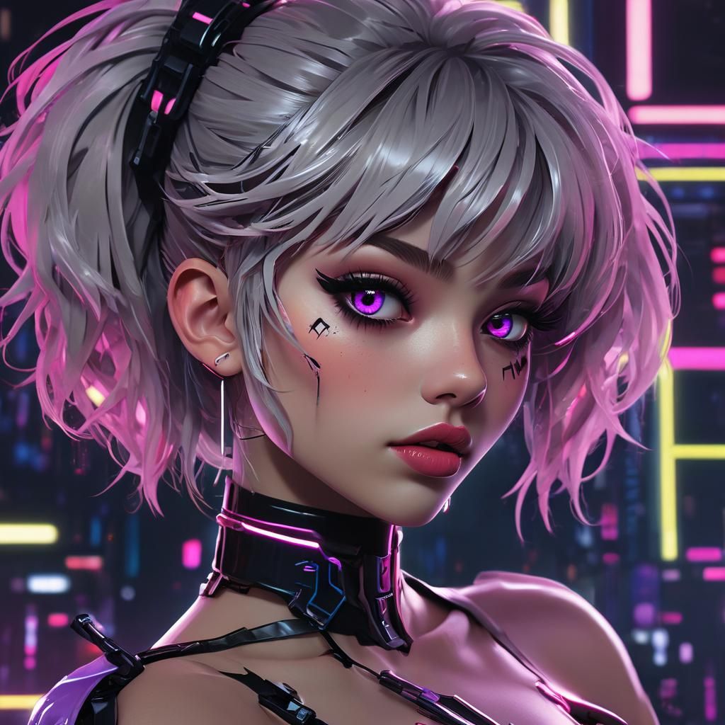 Cyberpunk Anime Singer Portrait with Neon Accents