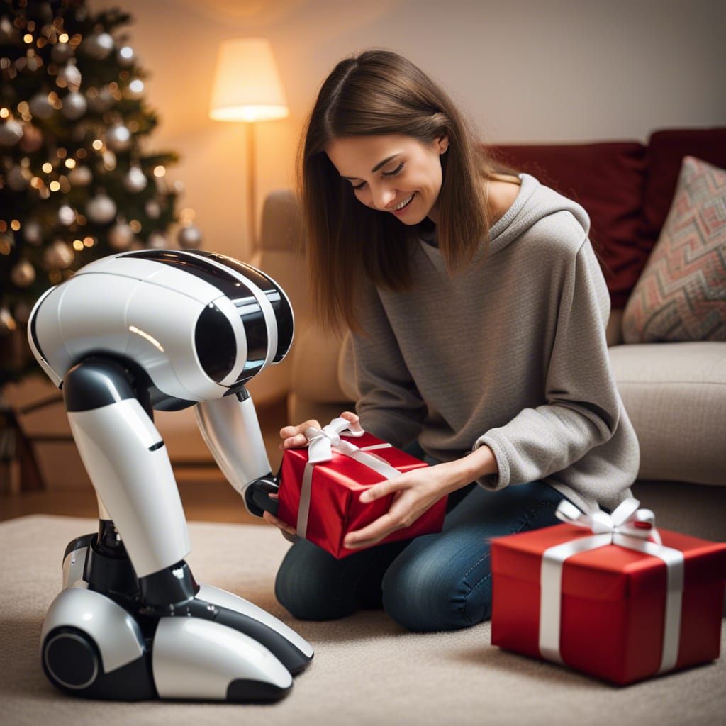 Young Woman's Joy: A Robot on Christmas Morning
