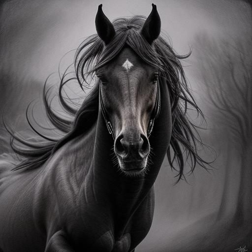 Majestic Winged Horse Charcoal Drawing in Misty Landscape