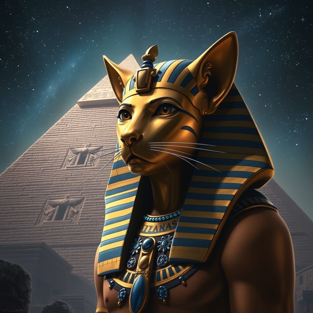 Pharaoh with Feline Features in Dark Fantasy Style
