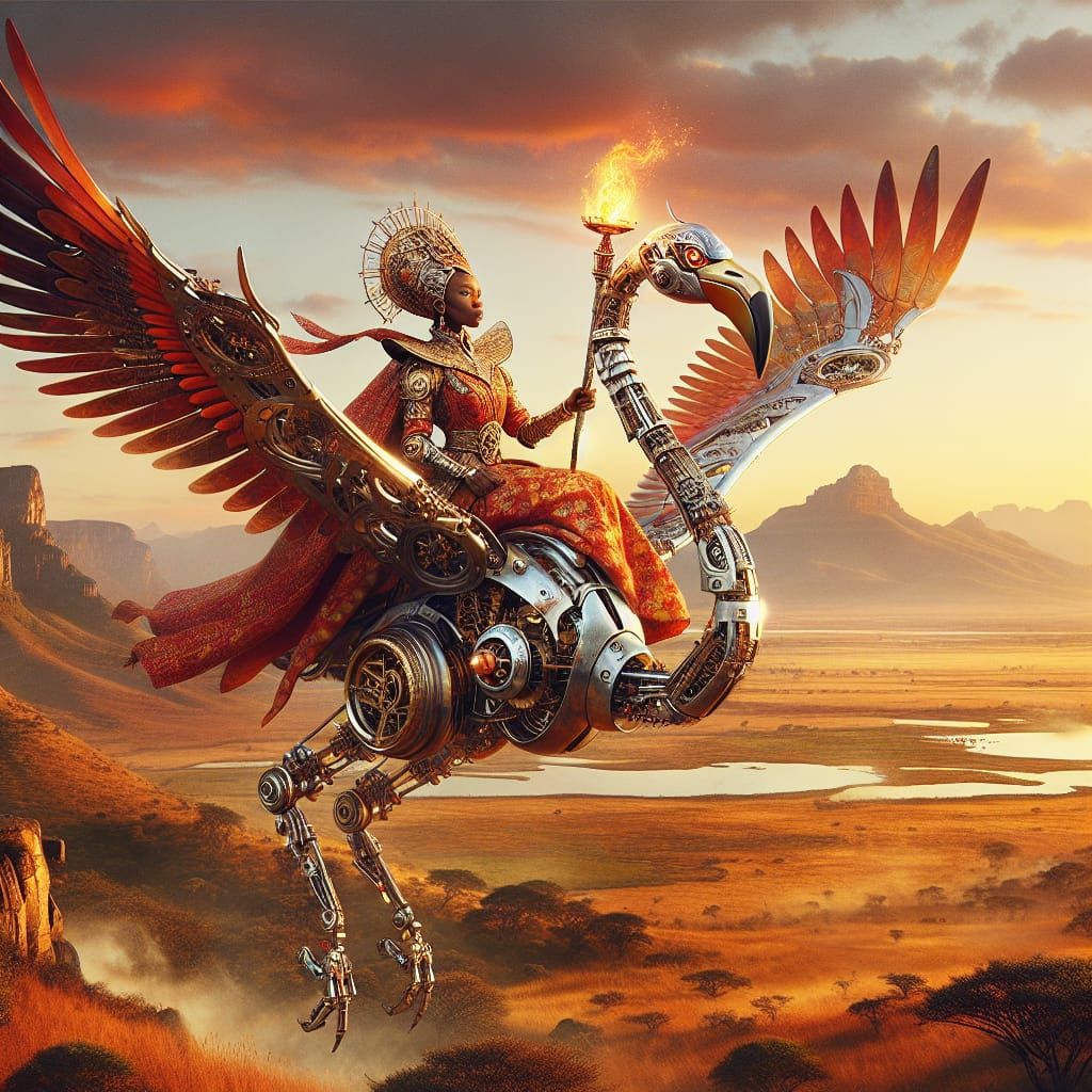 African Warrior Princess Rides Mechanical Flamingo in Sunset...