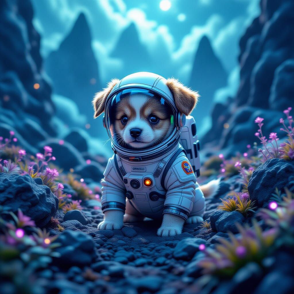 Puppy Astronaut on Alien Planet in Macro Photography Style