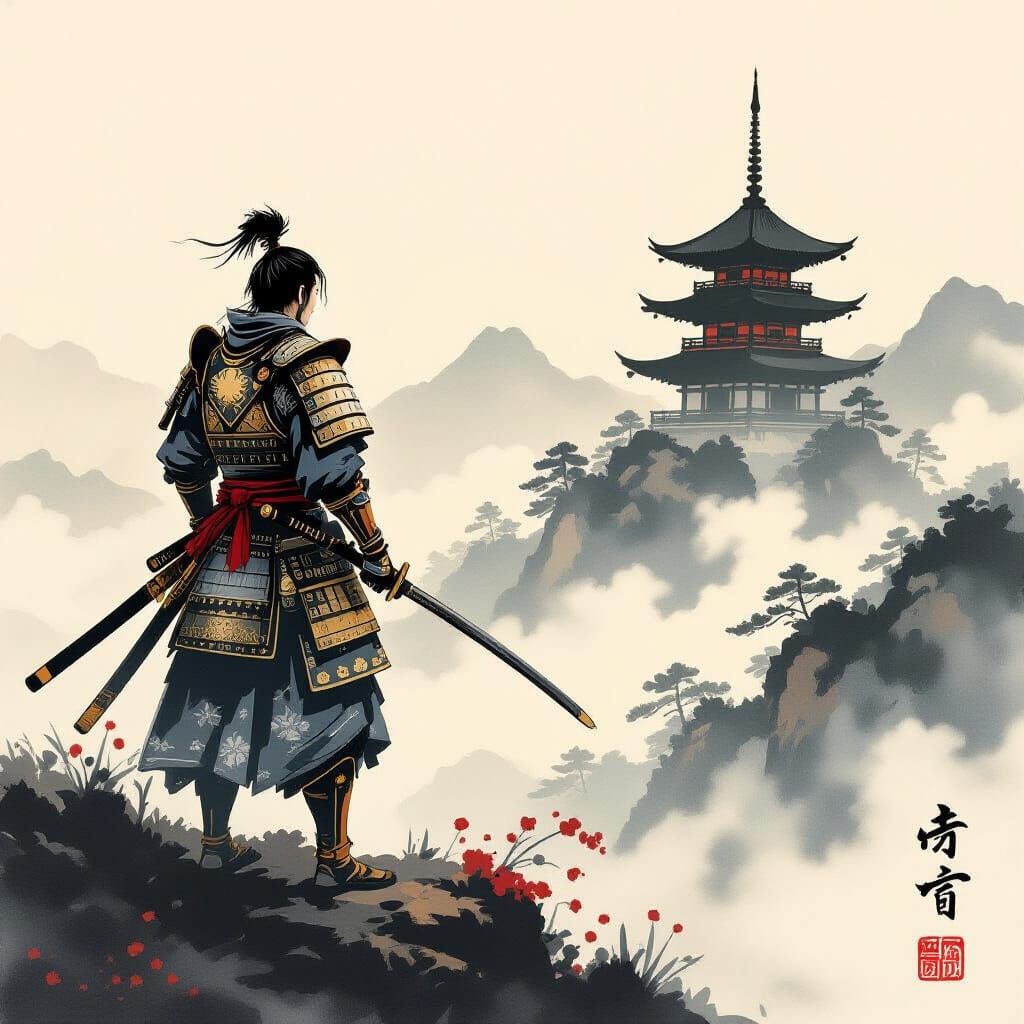 Samurai on Misty Mountain in Sumi-e Ink Style