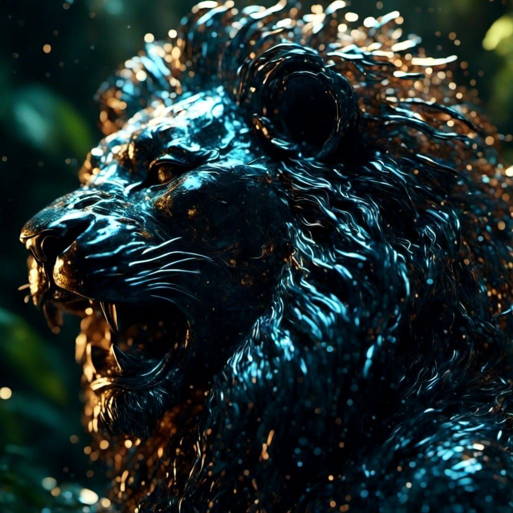 Glass Lion Face in Jungle, Hyperdetailed Rendering