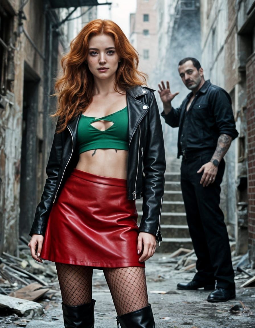 Woman in Biker Gear in Ruined City