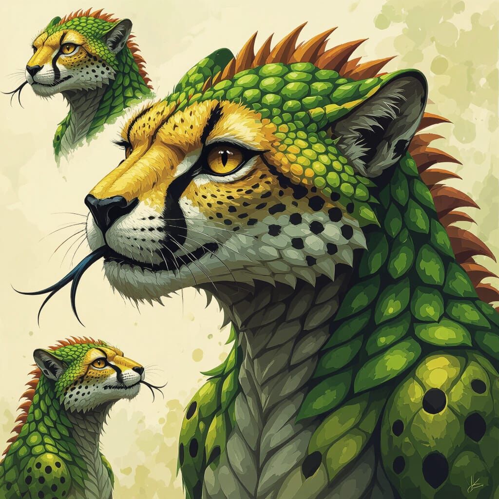 Green Scaled Cheetah-Creature in Digital Painting Style