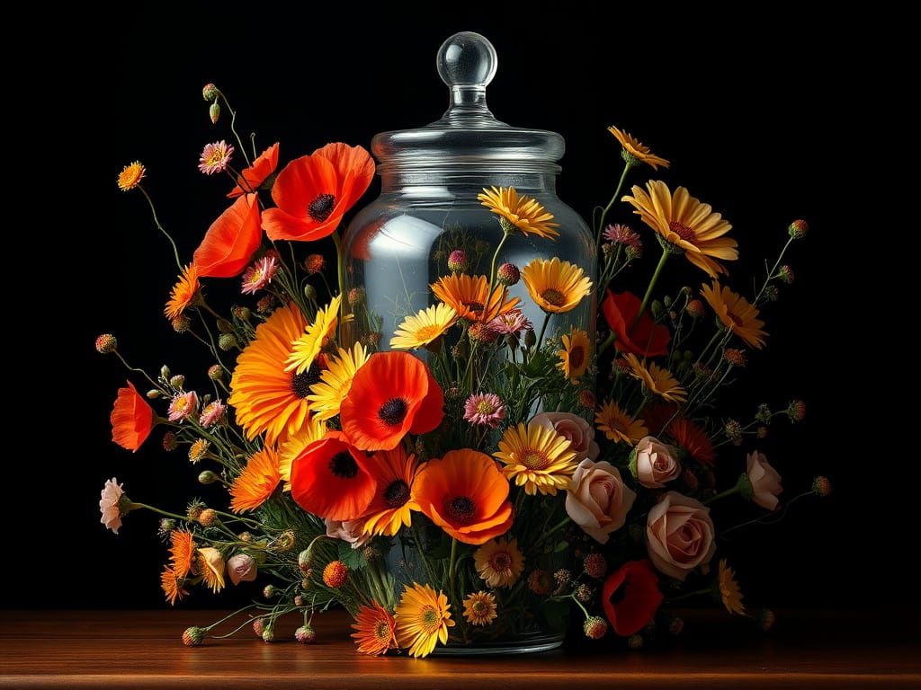 Enchanted Glass Jar Overflowing with Wildflowers in Vibrant ...