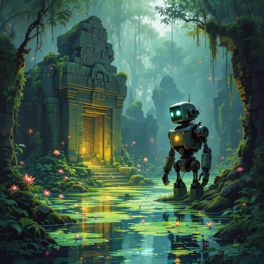 Overgrown Temple in Bioluminescent Swamp