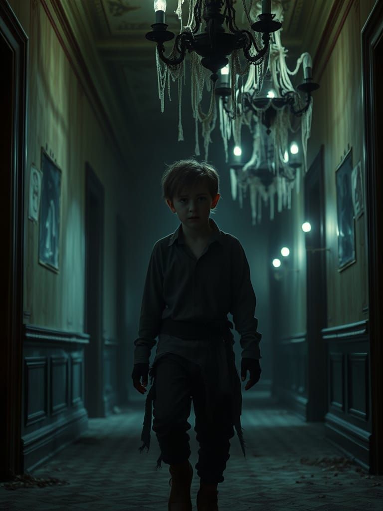 Boy in Haunted Mansion, Cinematic 8K Photo