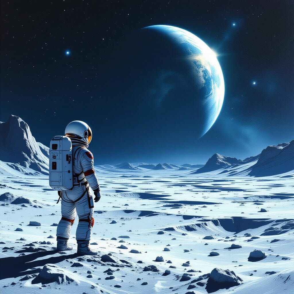 Astronaut Gazes at Earth from Moonscape in Retro Sci-Fi Styl...