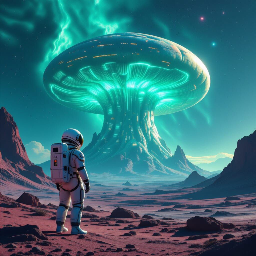 Astronaut Gazes at Alien Mushroom Forest in Nebula Sky