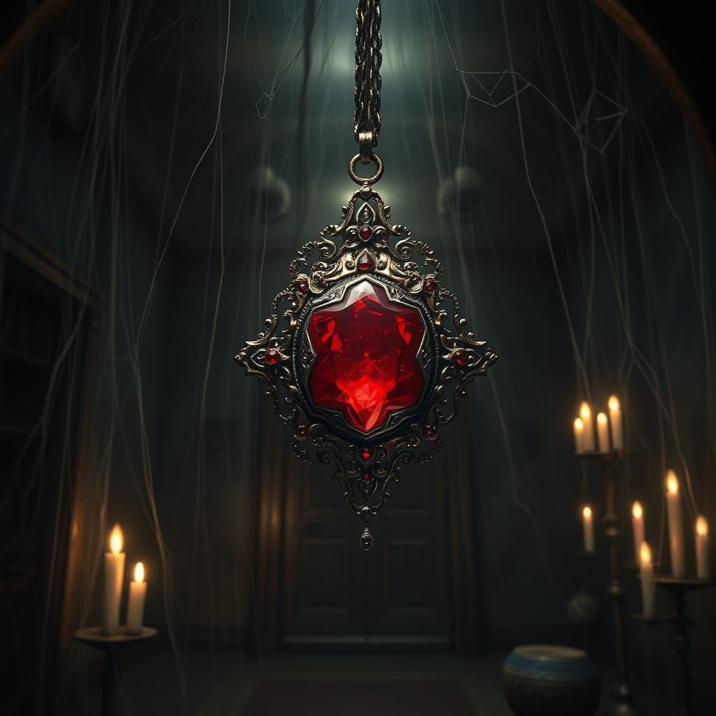 Ornate Ruby Amulet in Haunted Mansion