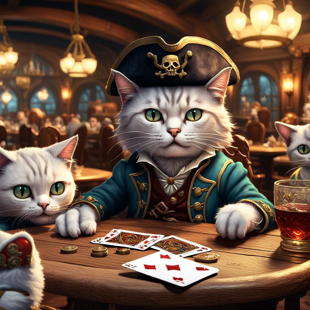 Chaotic neutral cat playing cards in a tavern