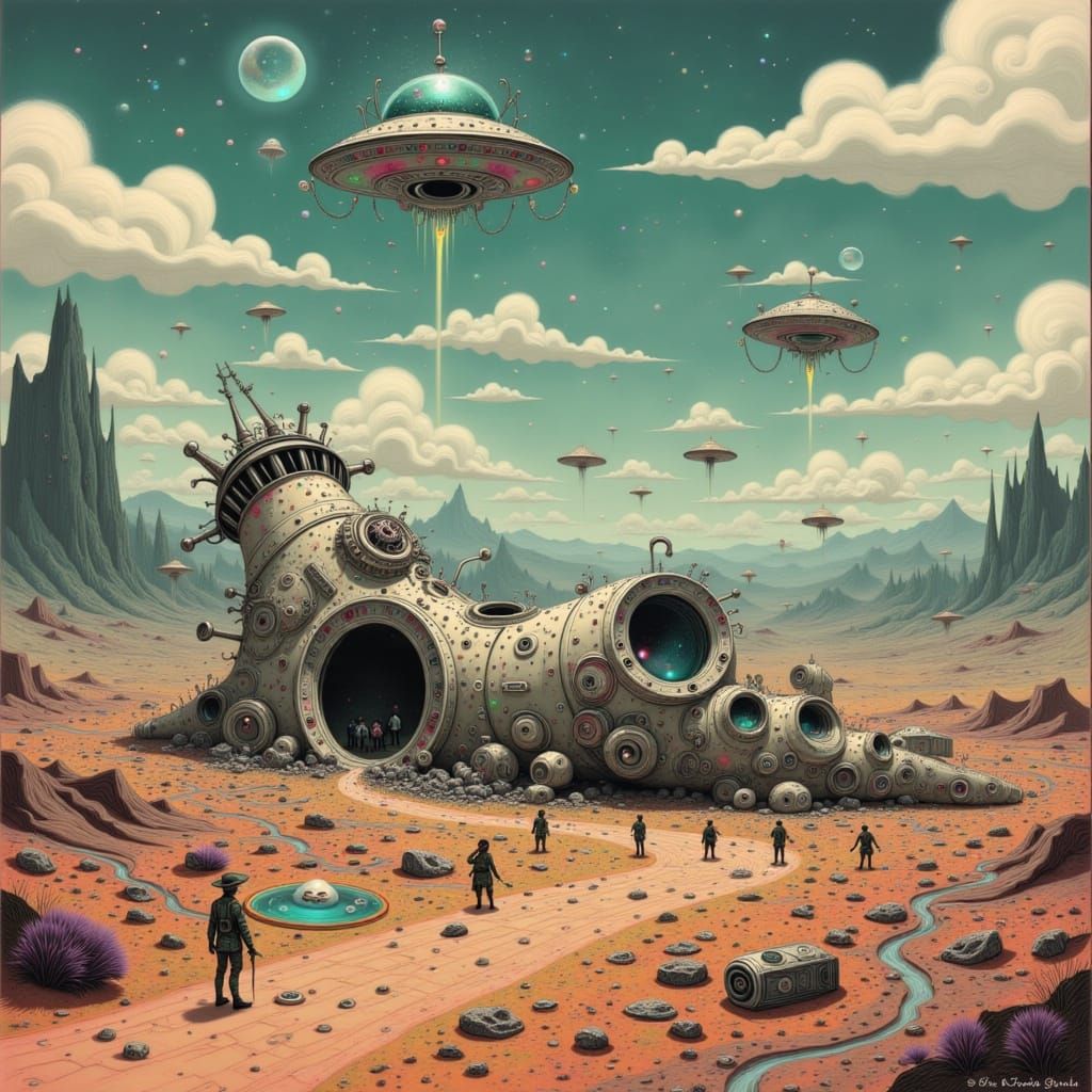 Roswell UFO Crash Site in Retro-Futuristic Style