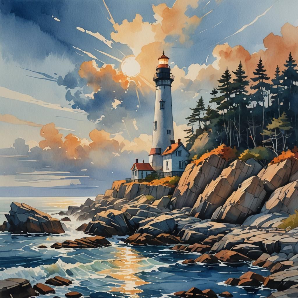 Lighthouse on Rocky Shore in Gouache Watercolor